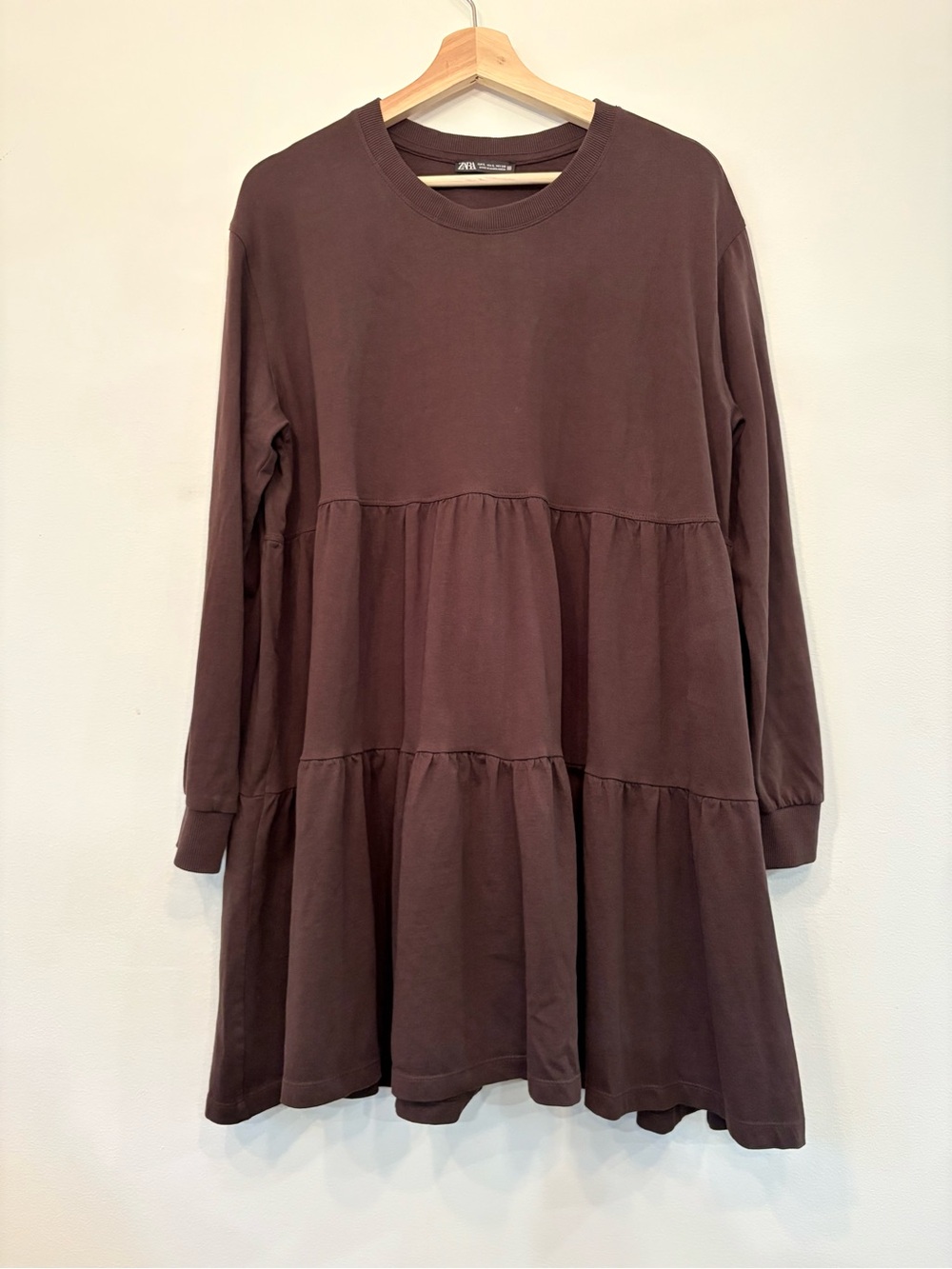 Zara Brown Tiered Long-Sleeve Mini Babydoll Dress